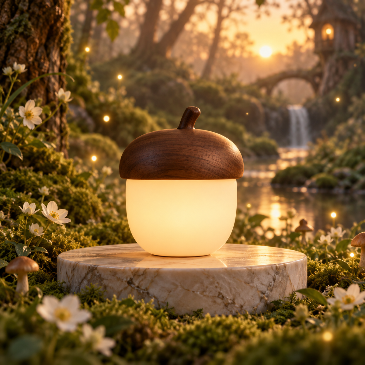 MYRENOVA™ Nook Acorn Mini Lamp – Walnut Brown Woodland LED Light, Rechargeable Acorn Bedside Lamp, Cozy Cottage Desk Decor