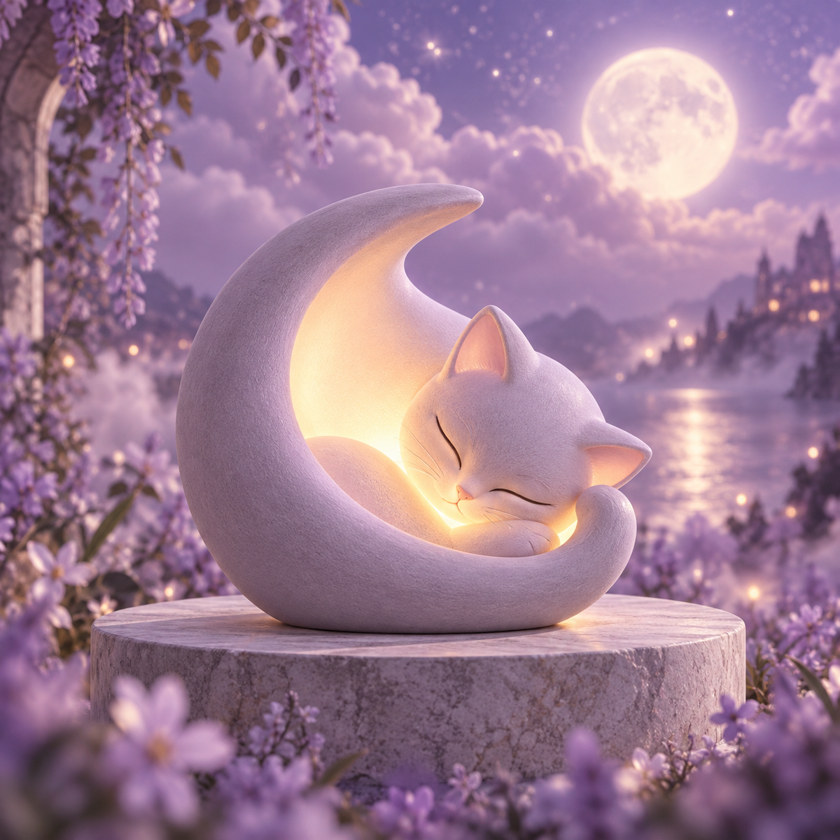 MYRENOVA™ Curltail Cat Crescent Lamp – Lavender Rechargeable LED Bedside Light, Minimalist Cat-Shaped Desk Lamp, Cute Cordless Mood Light