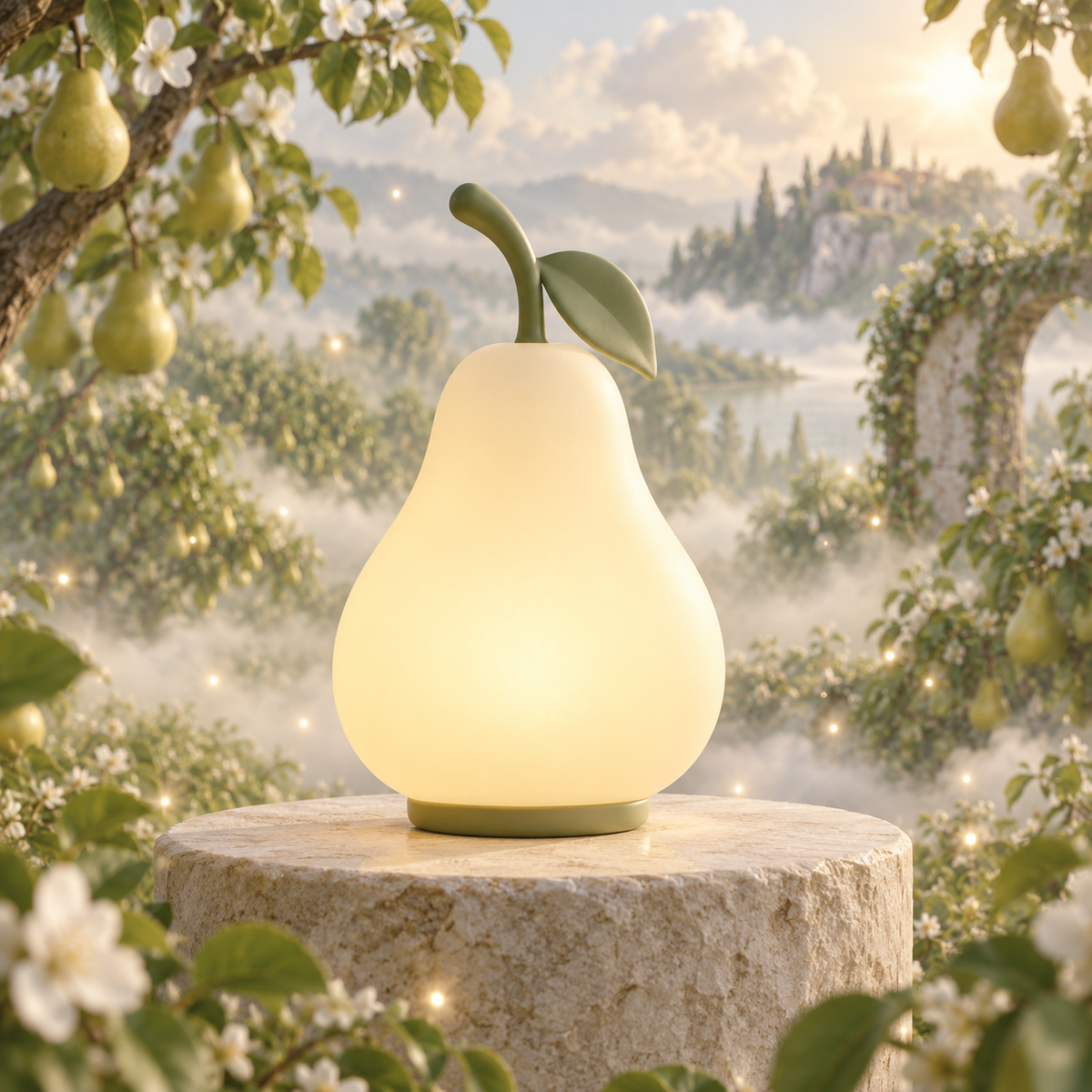 MYRENOVA™ Pera Pear Glow Table Lamp – Pistachio Green Rechargeable Fruit Lamp, Frosted Bedside Light, Modern Cute Nightstand Decor
