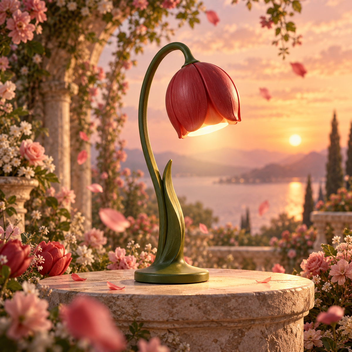 MYRENOVA™ Hana Tulip Bud Lamp – Cherry Red Rechargeable Flower Table Light, Cute Cordless Bedside Lamp, Adjustable Floral Desk Lighting